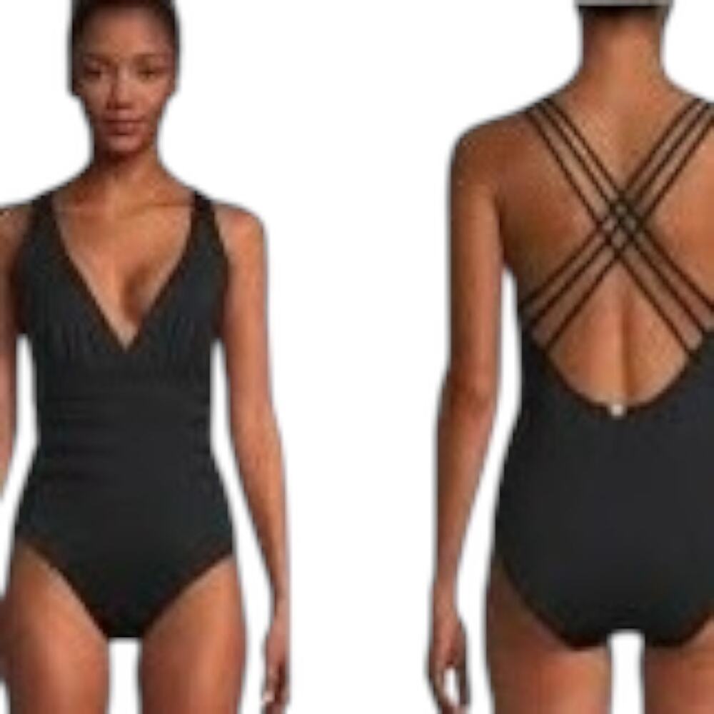 Catherine Malandrino Plunge Cross Back One-Piece Black Swimsuit Size Large